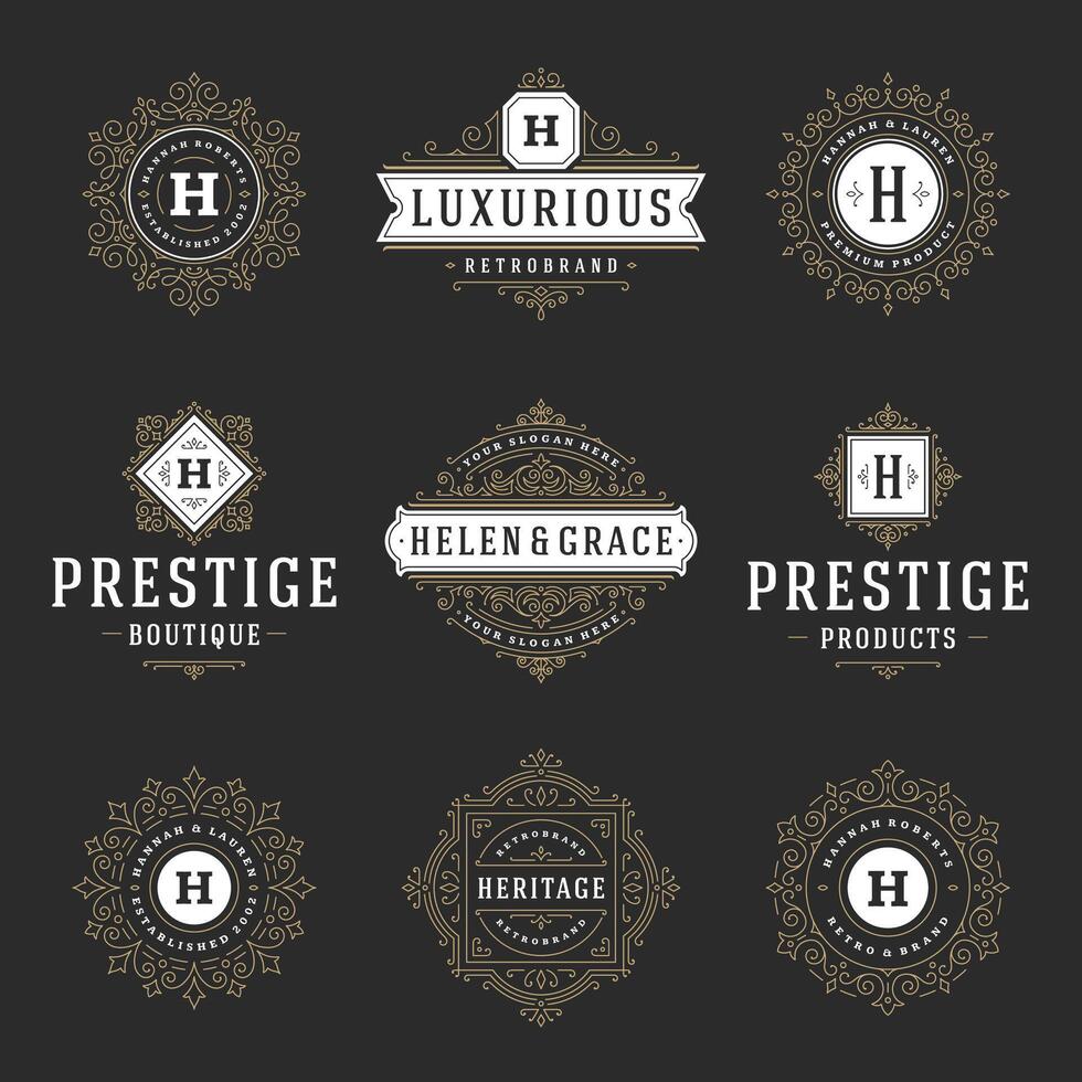 vintage logotipos modelos definir, floresce caligráfico elegante enfeites quadros e fronteiras. vetor