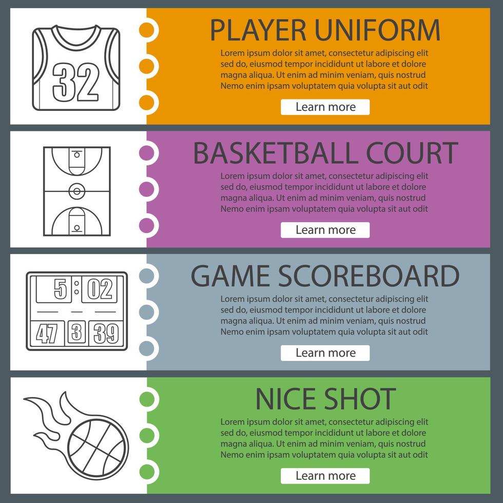 conjunto de modelos de banner de basquete. camisa, quadra, placar, bola em chamas. itens de menu do site com ícones lineares. banner de cor da web. conceitos de design de cabeçalhos de vetor