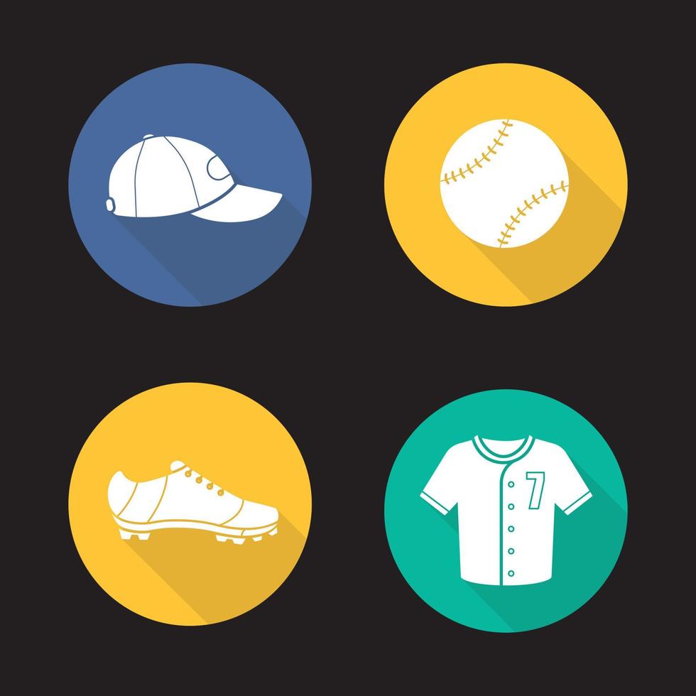 conjunto de ícones de longa sombra de design plano de beisebol. equipamento de softball. bola, boné, sapato e t-shirt. ilustração da silhueta do vetor