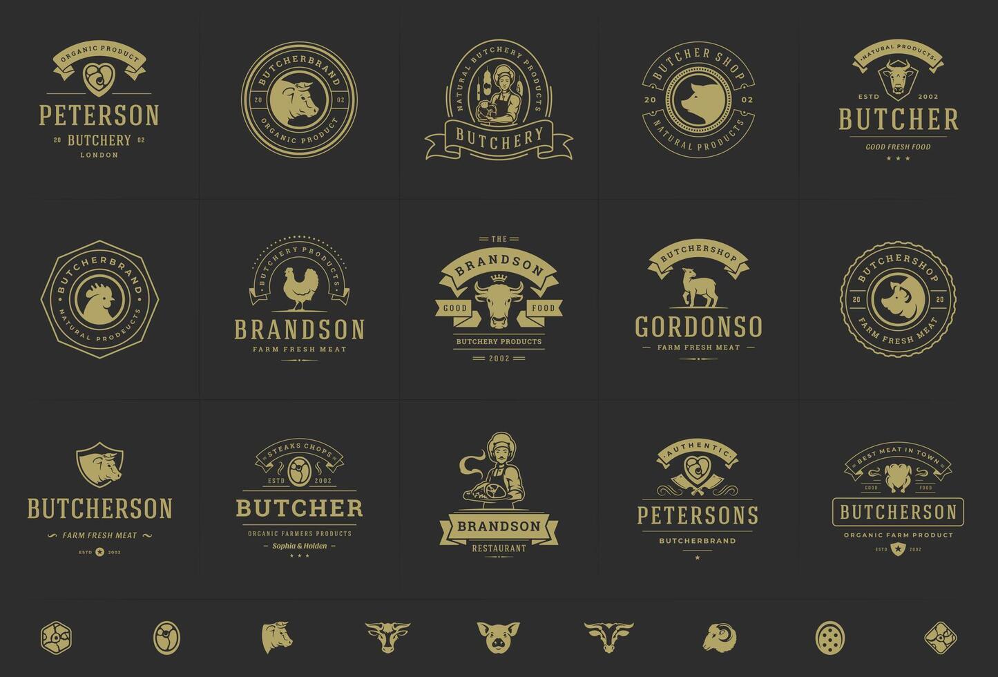 açougueiro fazer compras logotipos conjunto ilustração Boa para Fazenda ou restaurante Distintivos com animais e carne silhuetas vetor