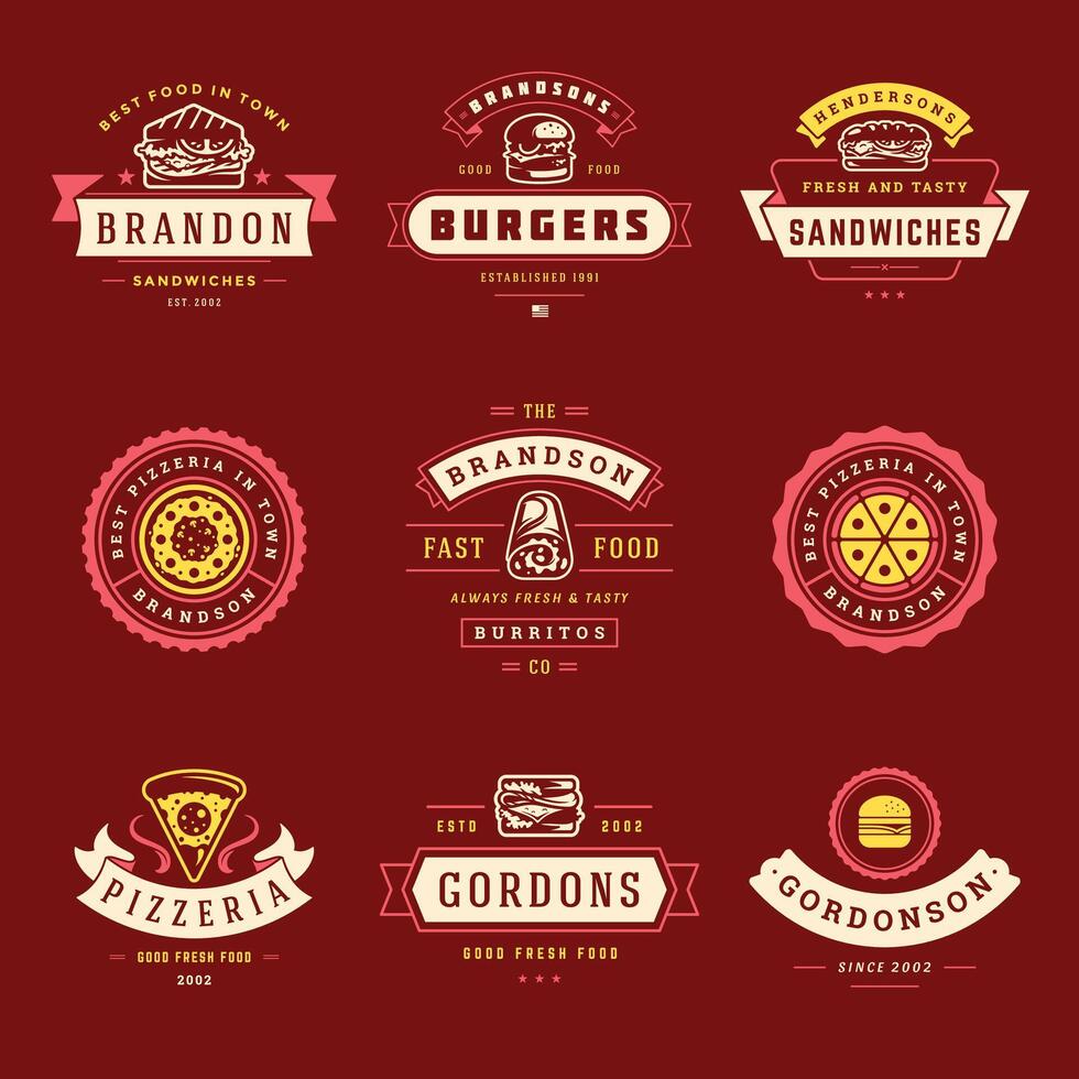 velozes Comida logotipos conjunto ilustração Boa para pizzaria ou hamburguer fazer compras e restaurante cardápio Distintivos com Comida silhueta vetor