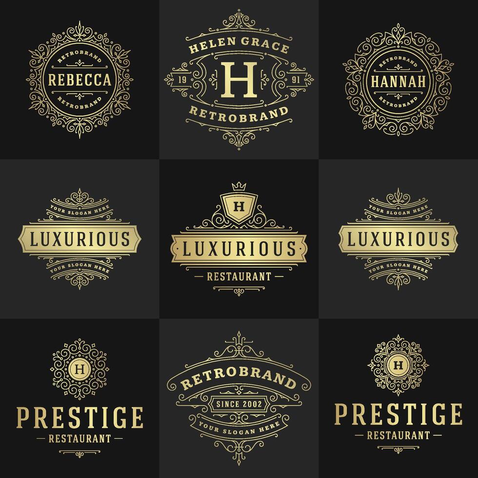 vintage logotipos e monogramas conjunto elegante floresce linha arte gracioso enfeites vitoriano estilo modelo Projeto vetor