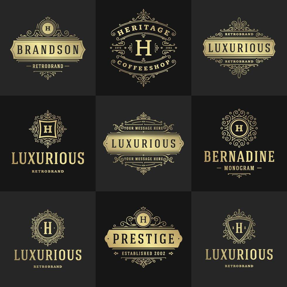 vintage logotipos e monogramas conjunto elegante floresce linha arte gracioso enfeites vitoriano estilo modelo Projeto vetor