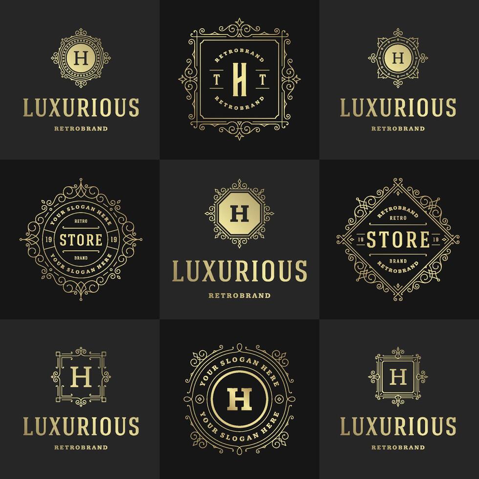 vintage logotipos e monogramas conjunto elegante floresce linha arte gracioso enfeites vitoriano estilo modelo Projeto vetor