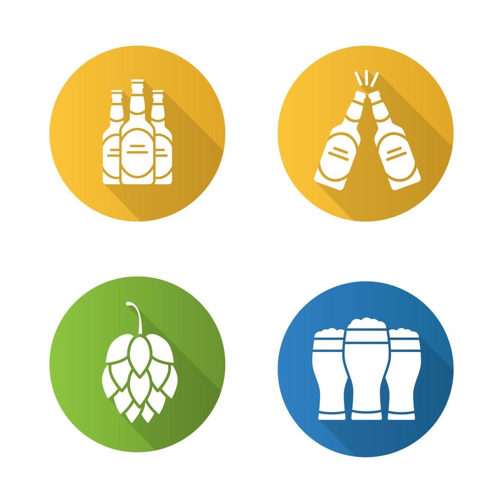 conjunto de ícones de longa sombra de design plano de cerveja. cone de lúpulo, garrafas de cerveja e copos. símbolos de silhueta de vetor