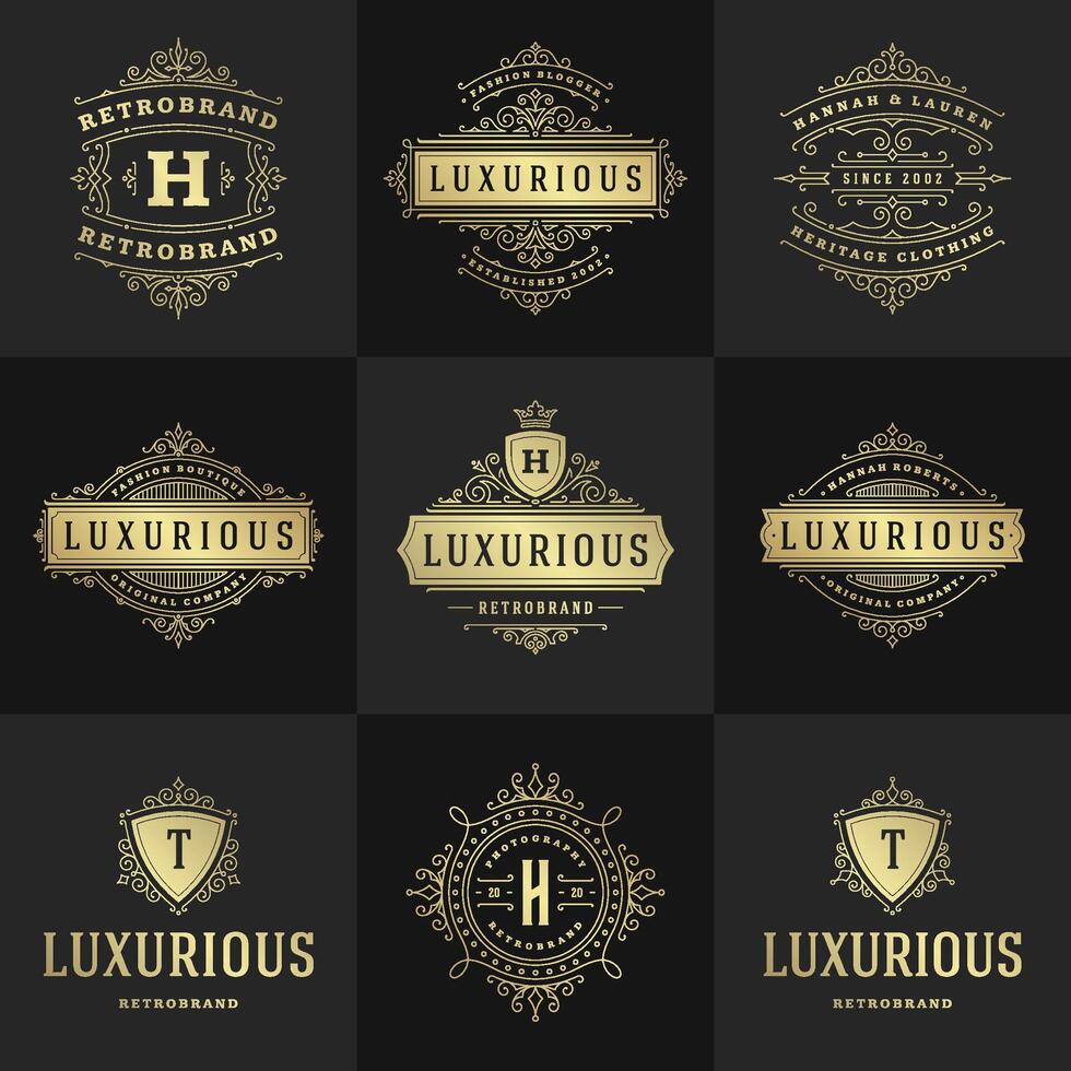 vintage logotipos e monogramas conjunto elegante floresce linha arte gracioso enfeites vitoriano estilo modelo Projeto vetor