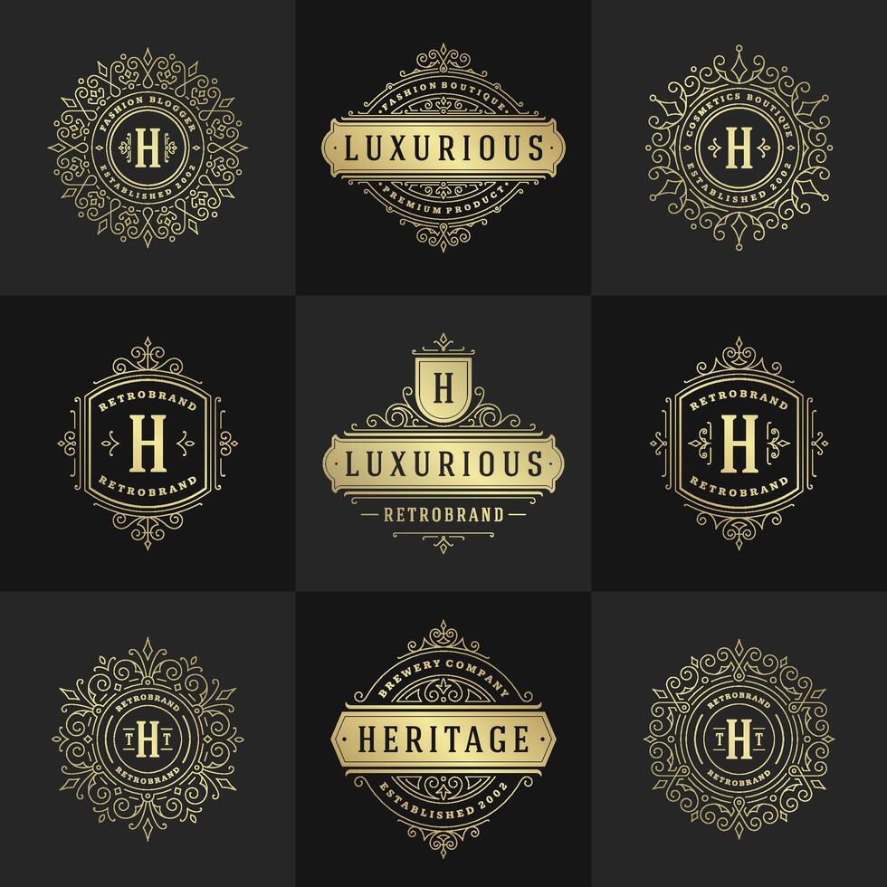 vintage logotipos e monogramas conjunto elegante floresce linha arte gracioso enfeites vitoriano estilo modelo Projeto vetor