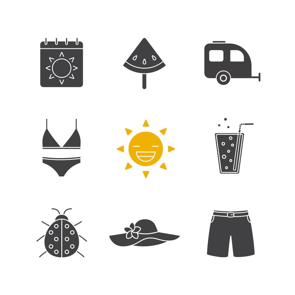 conjunto de ícones de glifo de verão. símbolos de silhueta. calendário, fatia de melancia no palito, trailer, maiô, sol nascente, limonada, joaninha, chapéu de praia, calção de banho. ilustração isolada do vetor