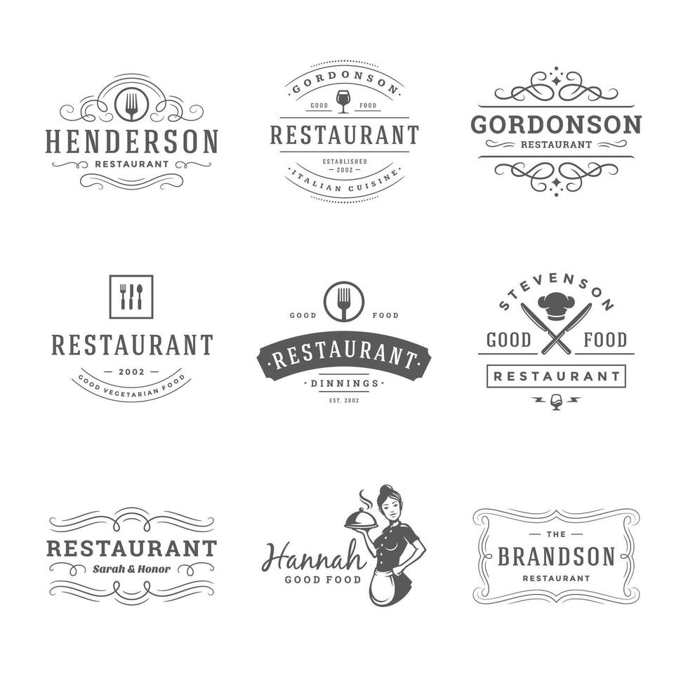 restaurante logotipos e Distintivos modelos conjunto ilustração. vetor