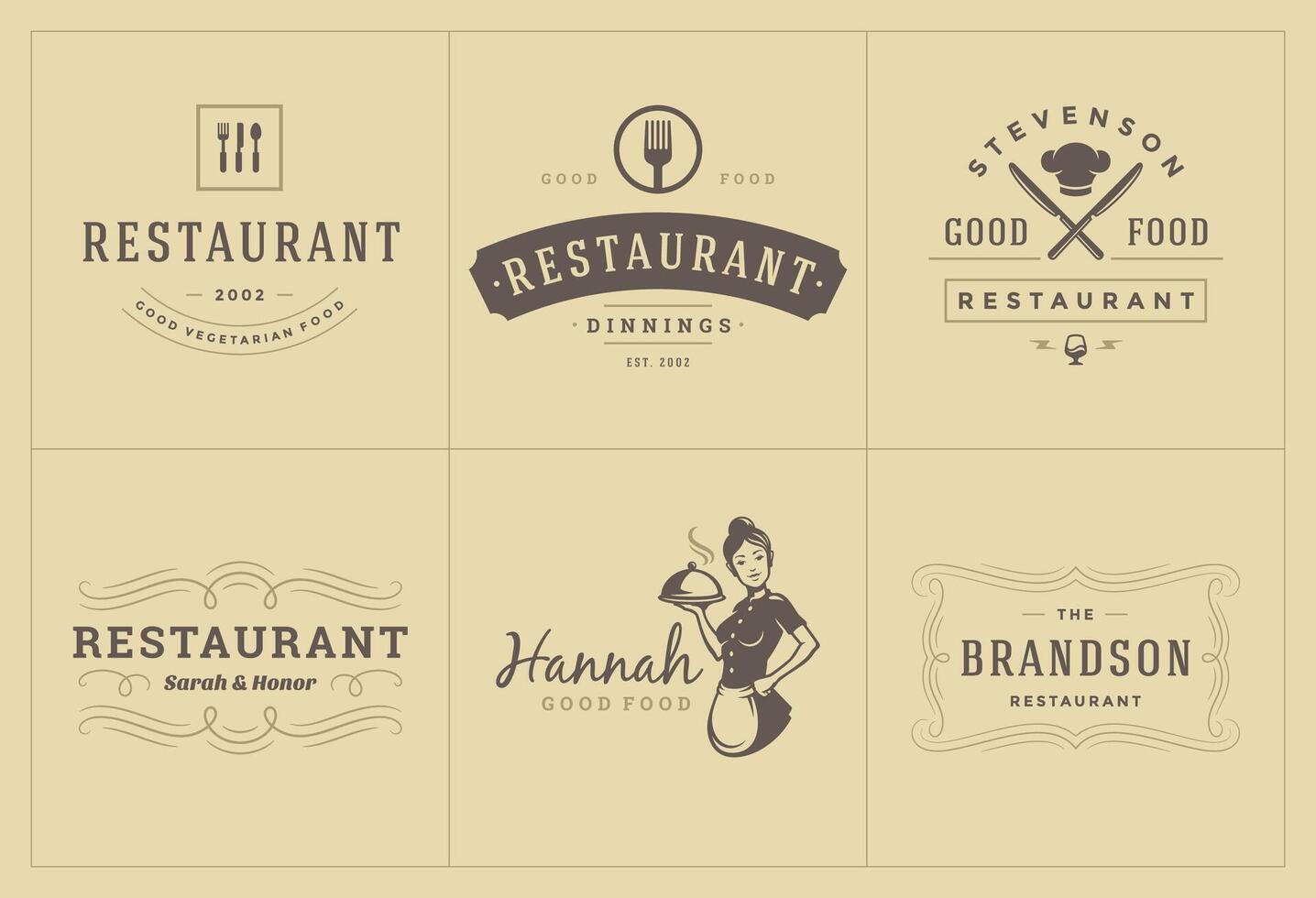 restaurante logotipos e Distintivos modelos conjunto ilustração. vetor