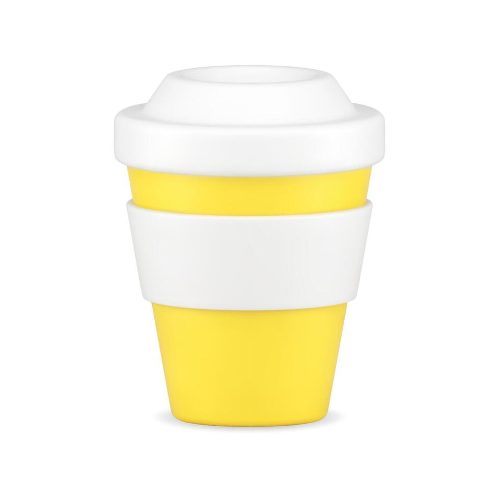 amarelo copo para café 3d ícone. cartão recipiente com branco tampa e aro vetor