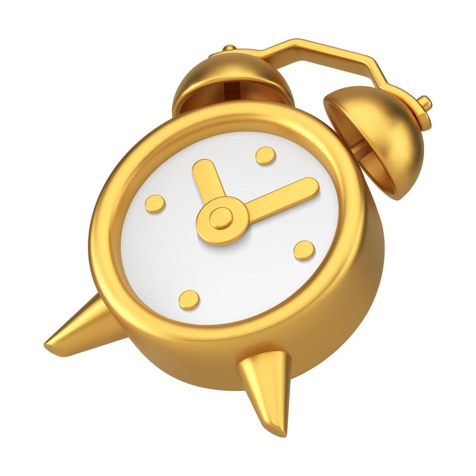 metálico dourado retro alarme relógio diagonalmente colocada 3d ícone realista ilustração vetor