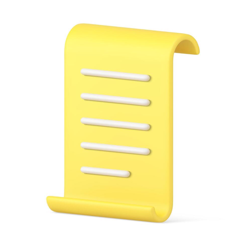 curvado amarelo papel Lista vertical texto documento legal Formato acordo realista 3d ícone vetor