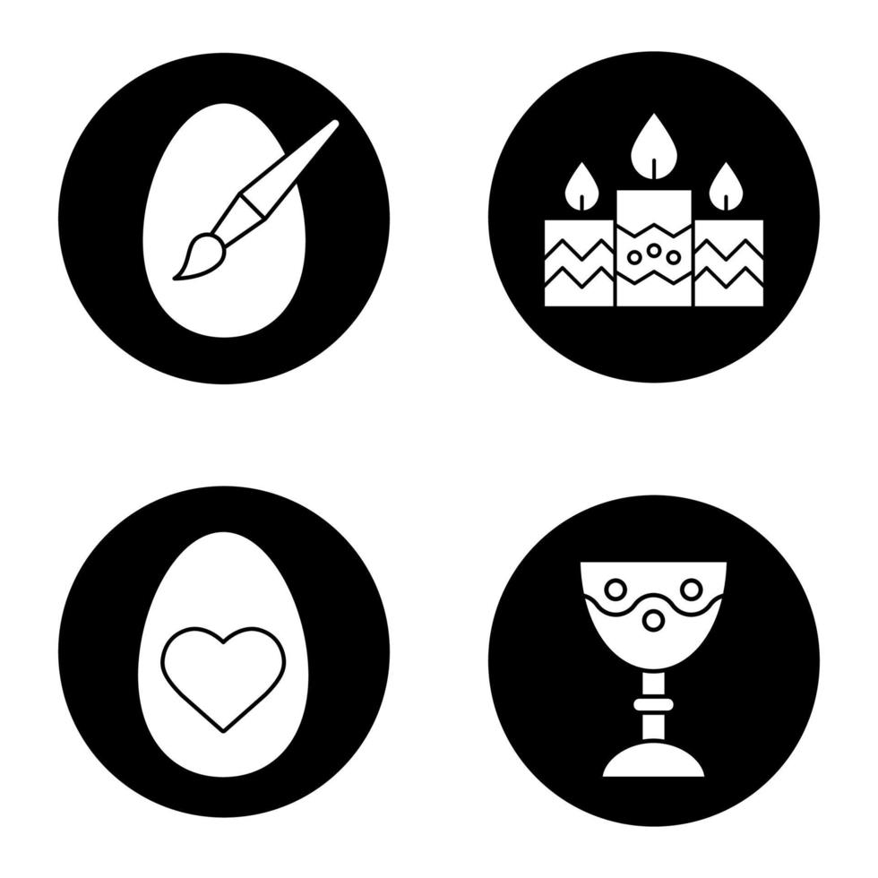 conjunto de ícones de Páscoa. velas, taça de igreja, ovos de Páscoa com pincel e forma de coração. Ilustrações de silhuetas brancas em círculos pretos vetor
