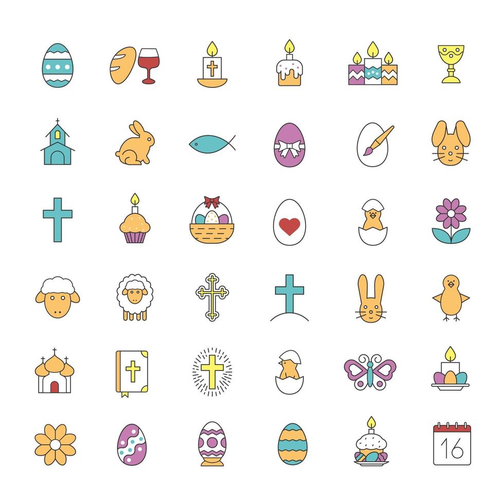 conjunto de ícones de cores de Páscoa. coelhinho da páscoa, ovos, bolo, cruz, cordeiro, frango, igreja, velas, bíblia sagrada, calendário de 16 de abril, vinho e pão. ilustrações vetoriais isoladas vetor