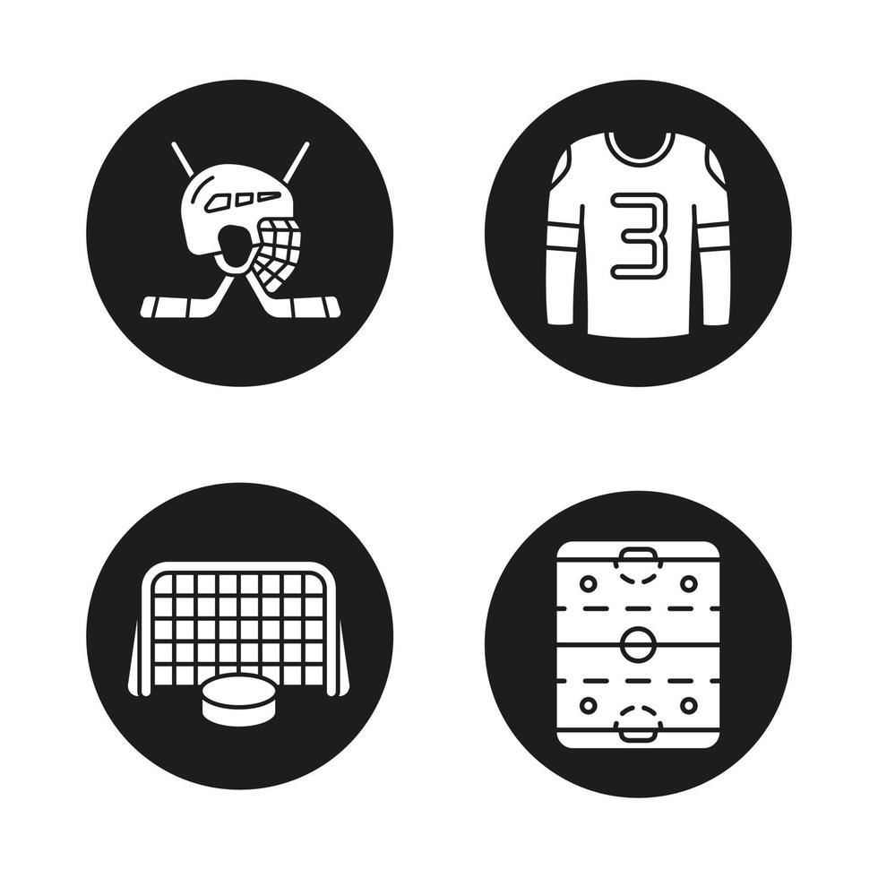 conjunto de ícones de hóquei. bastões e capacete, rinque, camisa, disco nos portões. Ilustrações de silhuetas brancas em círculos pretos vetor