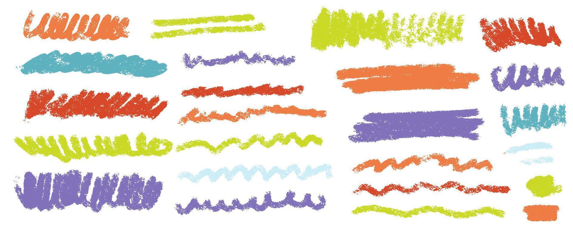 colorida seco escova marcas definir, lápis rabiscos e rabiscos coleção. mão desenhado GIS de cera vários linhas, espirais e rabiscos. multi colori rude marcadores, giz golpes, lápis divisores. vetor