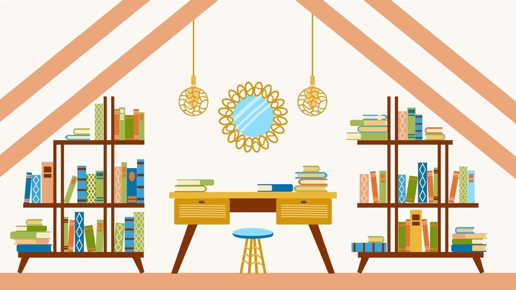 a interior do uma acolhedor gabinete com mobília dentro boho. uma agradável quarto com uma escrivaninha e uma espelho acima isto, uma espelho, estantes de livros com livros. a biblioteca é dentro a sótão. ilustração dentro uma plano desenho animado estilo. vetor