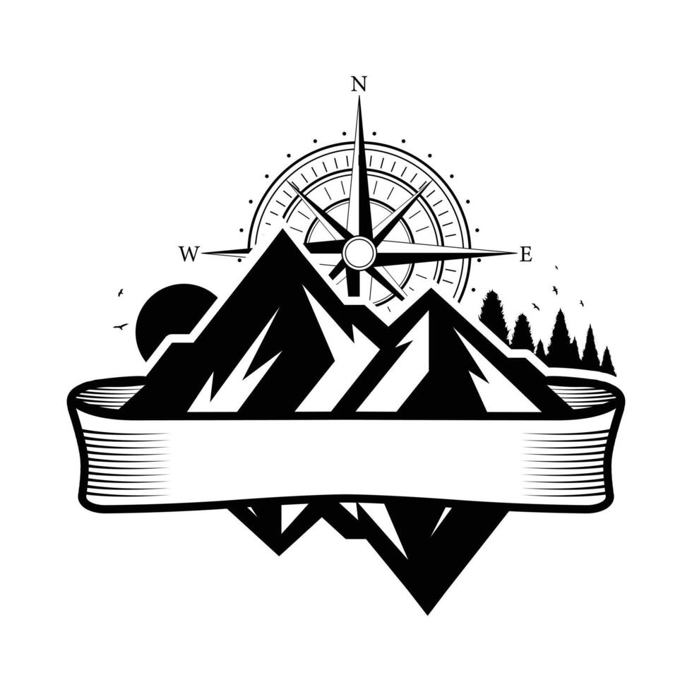 montanha e bússola aventura crachá logotipo vetor