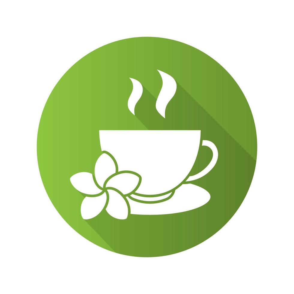 ícone de sombra longa de design plano de xícara de chá de ervas. xícara de chá com flor de plumeria. símbolo da silhueta do vetor