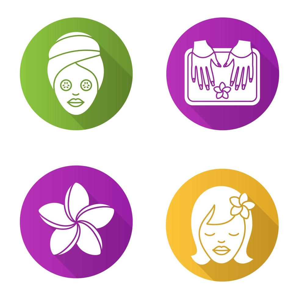 conjunto de ícones de sombra longa spa salão design plano. mulher com máscara facial de pepino, menina com flor de plumeria, banho de unhas de spa. ilustração da silhueta do vetor