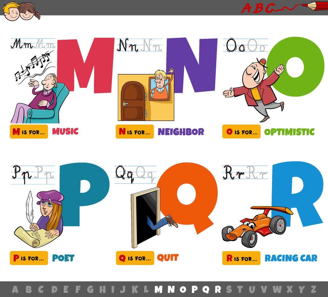 letras do alfabeto de desenhos animados educacionais para crianças de ma a r vetor