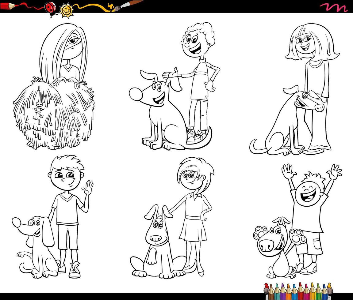 desenho de personagens de desenhos animados de crianças e cães para colorir e imprimir vetor