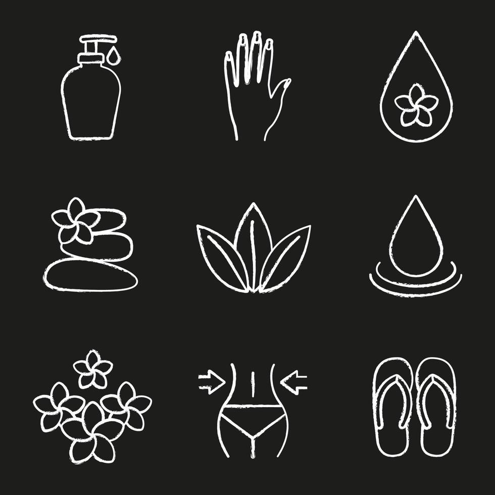 conjunto de ícones de giz de salão de spa. gotas de óleo de aroma, creme, mão de mulher com manicure, massagem com pedras, folhas soltas, flores, emagrecimento, chinelos. ilustrações vetoriais isoladas em quadro-negro vetor