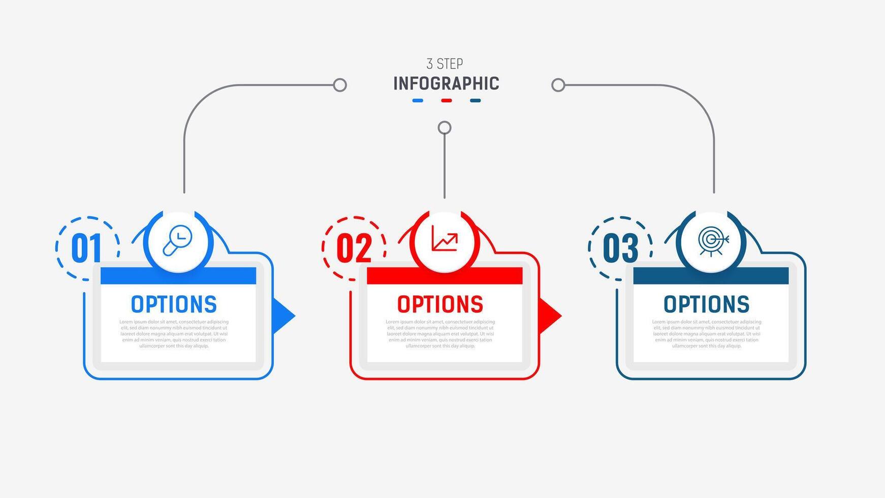 três degrau infográfico rótulo Projeto modelo com linha ícones. processo passos diagrama, apresentações, fluxo de trabalho disposição, bandeira, fluxo gráfico, informação gráfico ilustração. vetor