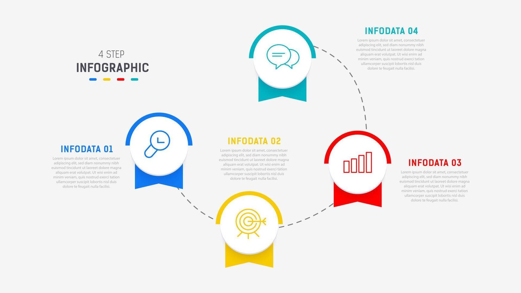 quatro degrau infográfico elemento Projeto modelo para apresentação. processo diagrama e apresentações etapa, fluxo de trabalho disposição, bandeira, fluxo gráfico, informação gráfico ilustração. vetor