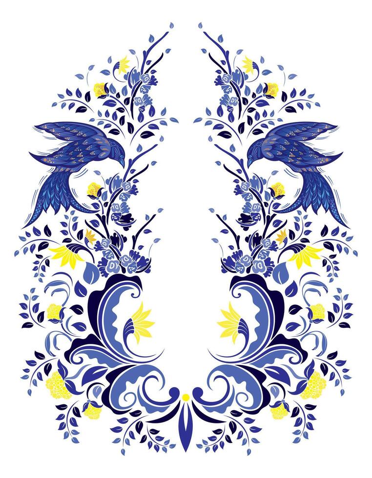 cumprimento cartão. sangue. vintage floral ilustração. azul e branco com pássaro e flores vetor