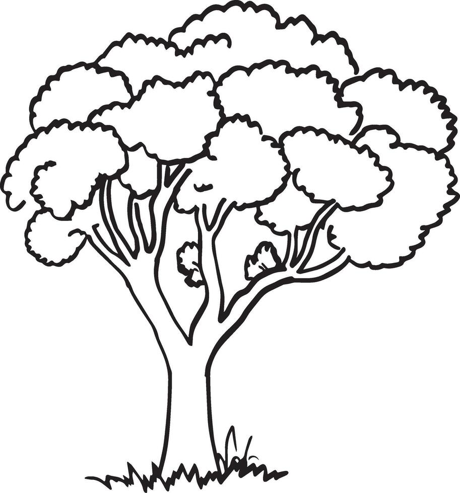 Preto e branco desenho animado ilustração do uma grande árvore com névoa ou nuvem para coloração livro vetor