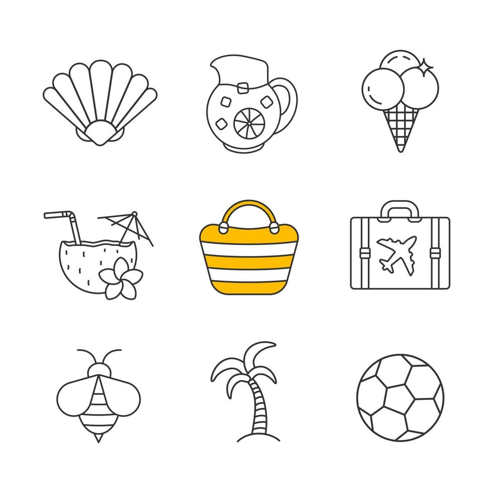 conjunto de ícones lineares de verão. concha, jarro de limonada, sorvete, coquetel de praia, bolsa, palmeira, mala, abelha, bola de futebol. férias de verão. símbolos de contorno de linha fina. ilustrações vetoriais isoladas vetor