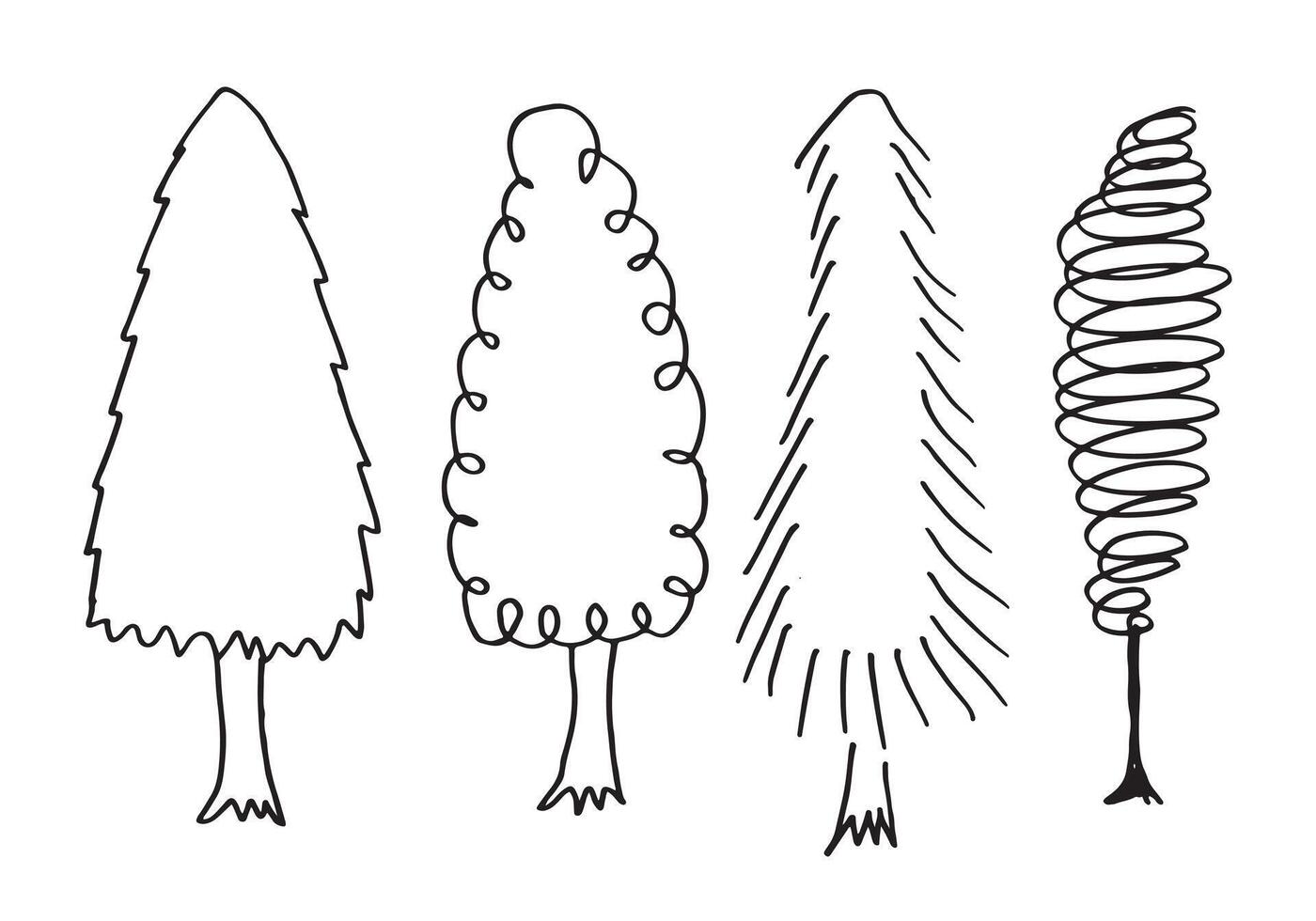 doodle park forest coníferas silhuetas abstratas árvores delineadas em conjunto de coleta de cor preta vetor