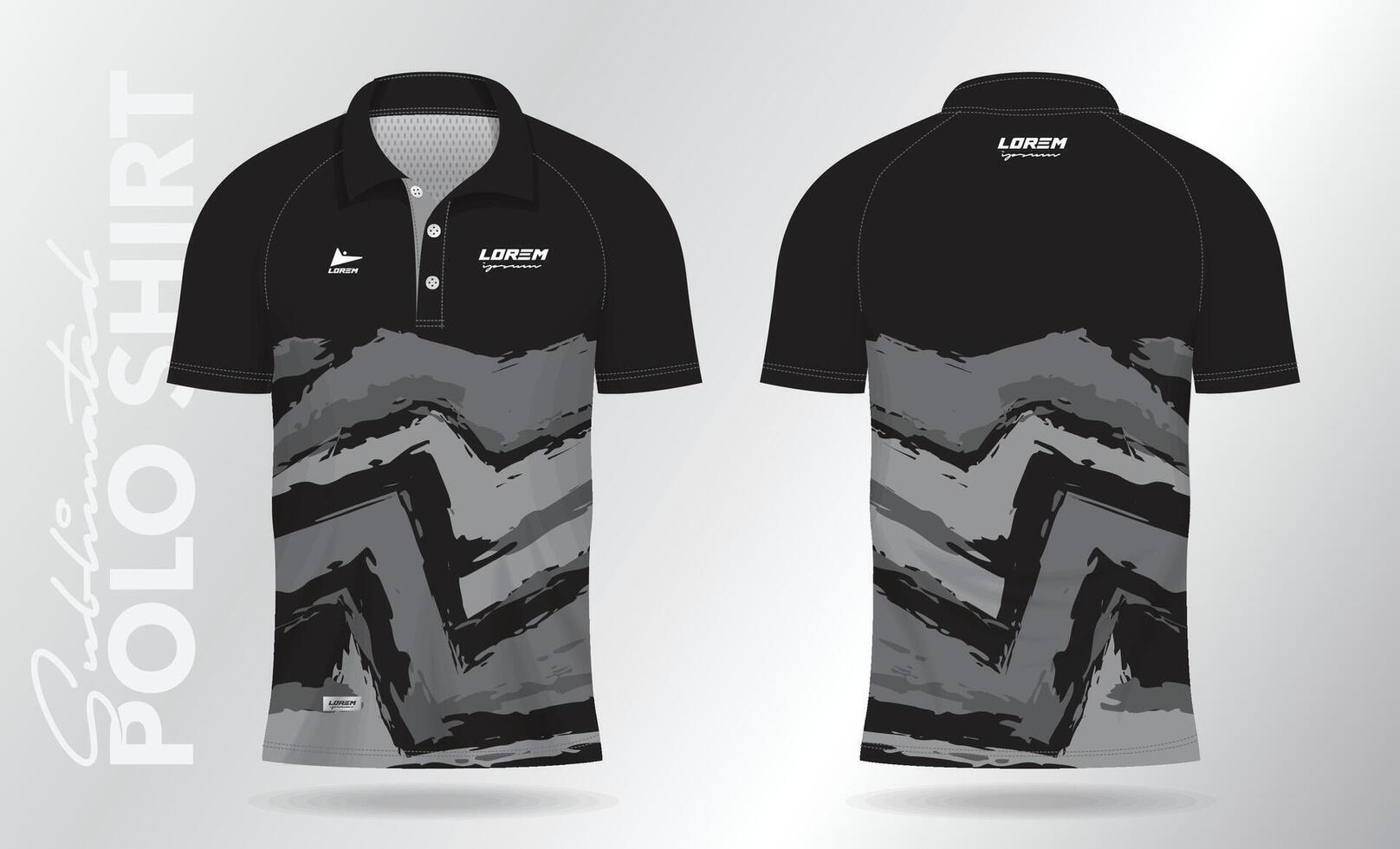 Preto pólo jérsei camisa brincar modelo Projeto para badminton, tênis, futebol, futebol ou esporte uniforme dentro frente Visão e costas visualizar. vetor