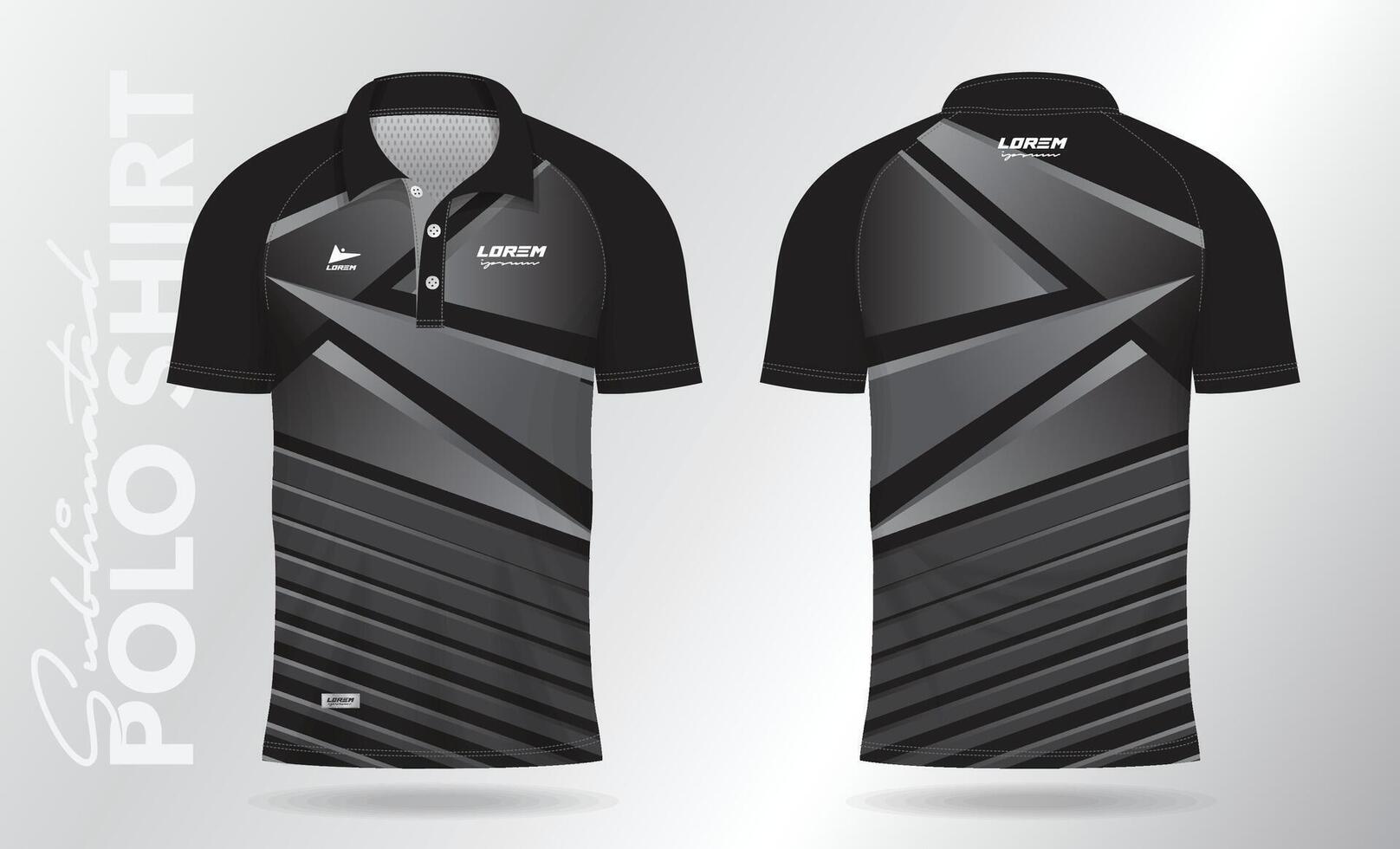 Preto pólo jérsei camisa brincar modelo Projeto para badminton, tênis, futebol, futebol ou esporte uniforme dentro frente Visão e costas visualizar. vetor