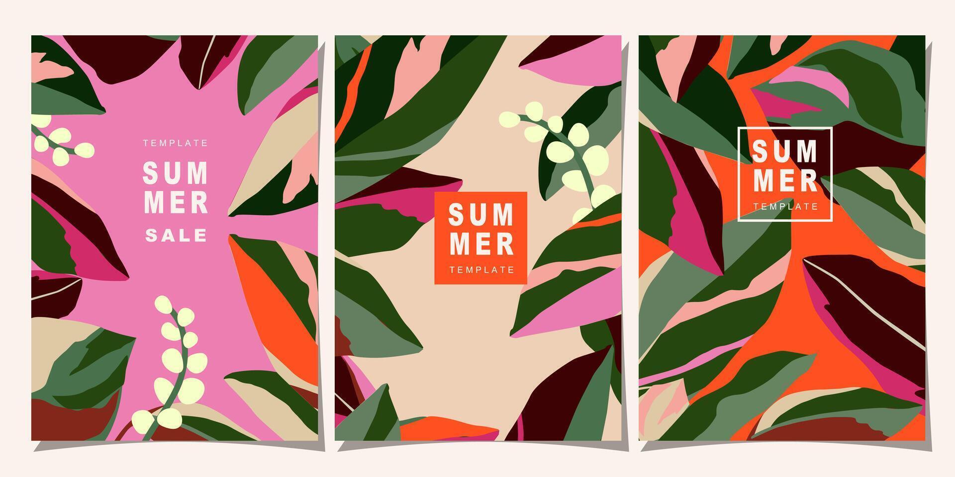 tropicais modelo conjunto para poster, cobrir, cartão, rótulo, bandeira dentro moderno minimalista estilo e simples verão Projeto modelos com tropical folhas, flor. vetor