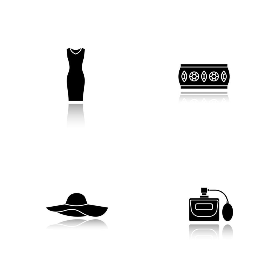 acessórios femininos drop shadow black icons set. vestido de noite sem mangas, pulseira de metal, chapéu, perfume. ilustrações vetoriais isoladas vetor