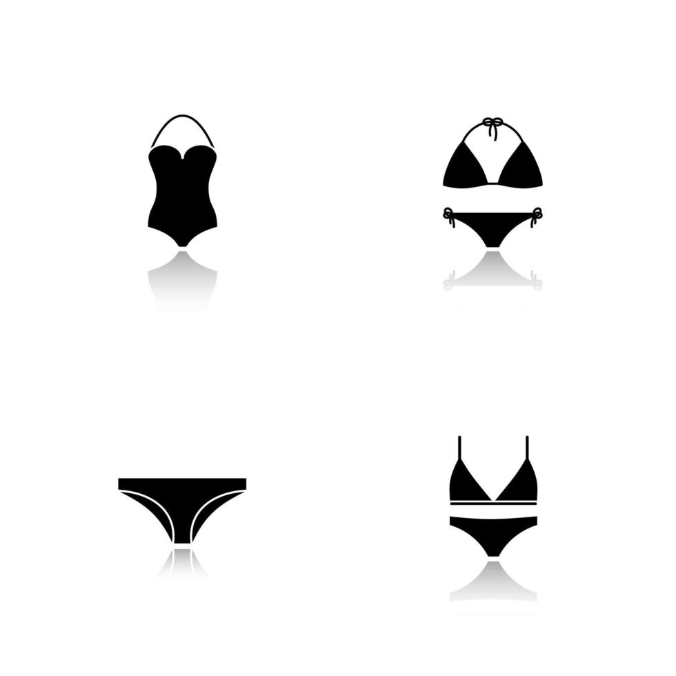 conjunto de ícones pretos de sombra projetada de roupas íntimas femininas. maiôs, sutiã e calcinha. ilustrações vetoriais isoladas vetor