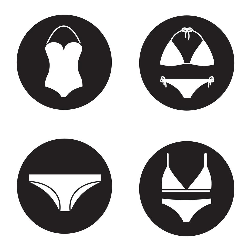 conjunto de ícones de roupas íntimas femininas. maiôs, sutiã e calcinha. Ilustrações de silhuetas brancas em círculos pretos vetor