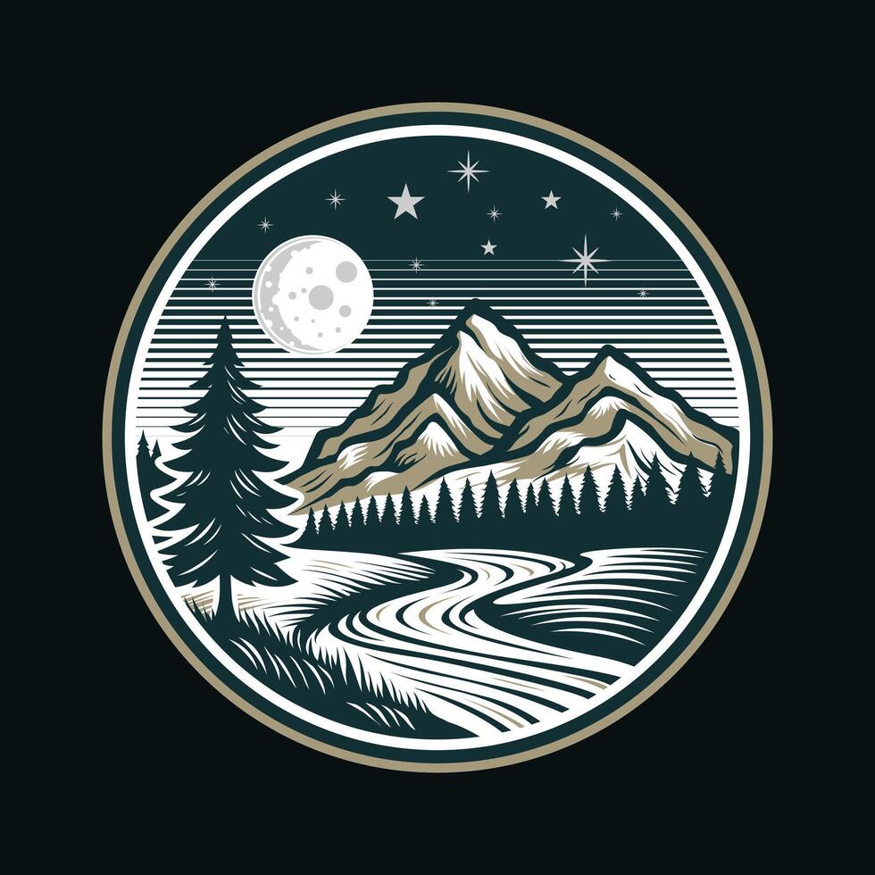 montanha floresta e rio às noite logotipo Projeto crachá vetor