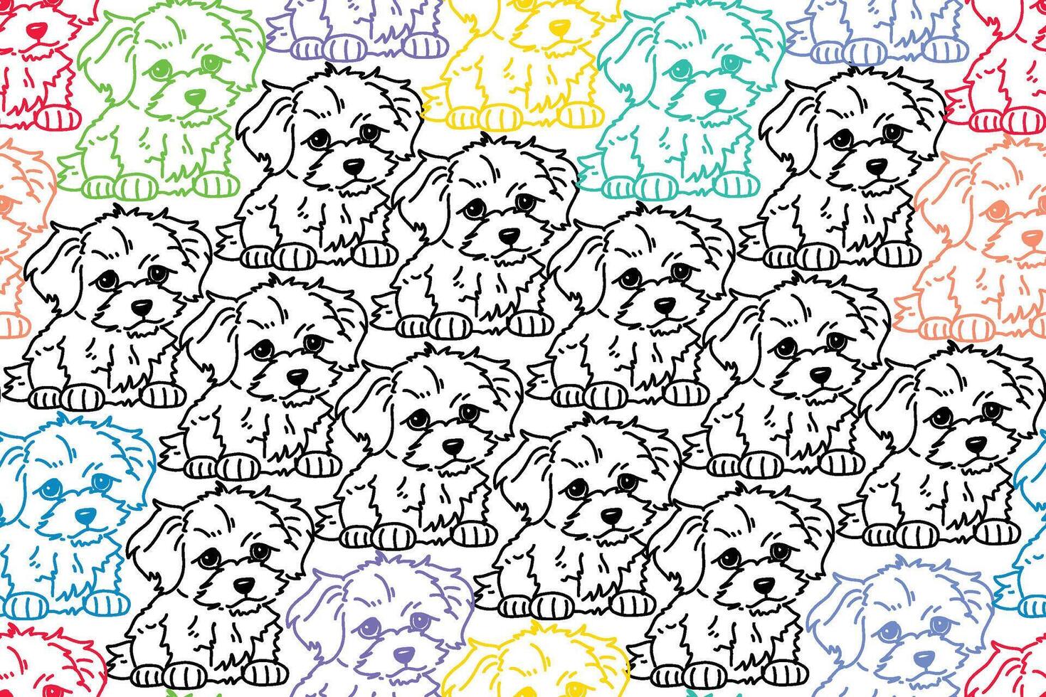 cachorro colorir desatado padronizar projeto, desatado padronizar com fofa cachorro ilustrações, mão desenhado fofa schnauzer face procriar cachorro desatado padrão, cachorro todos sobre Projeto camiseta, cachorro esboço desatado padronizar vetor