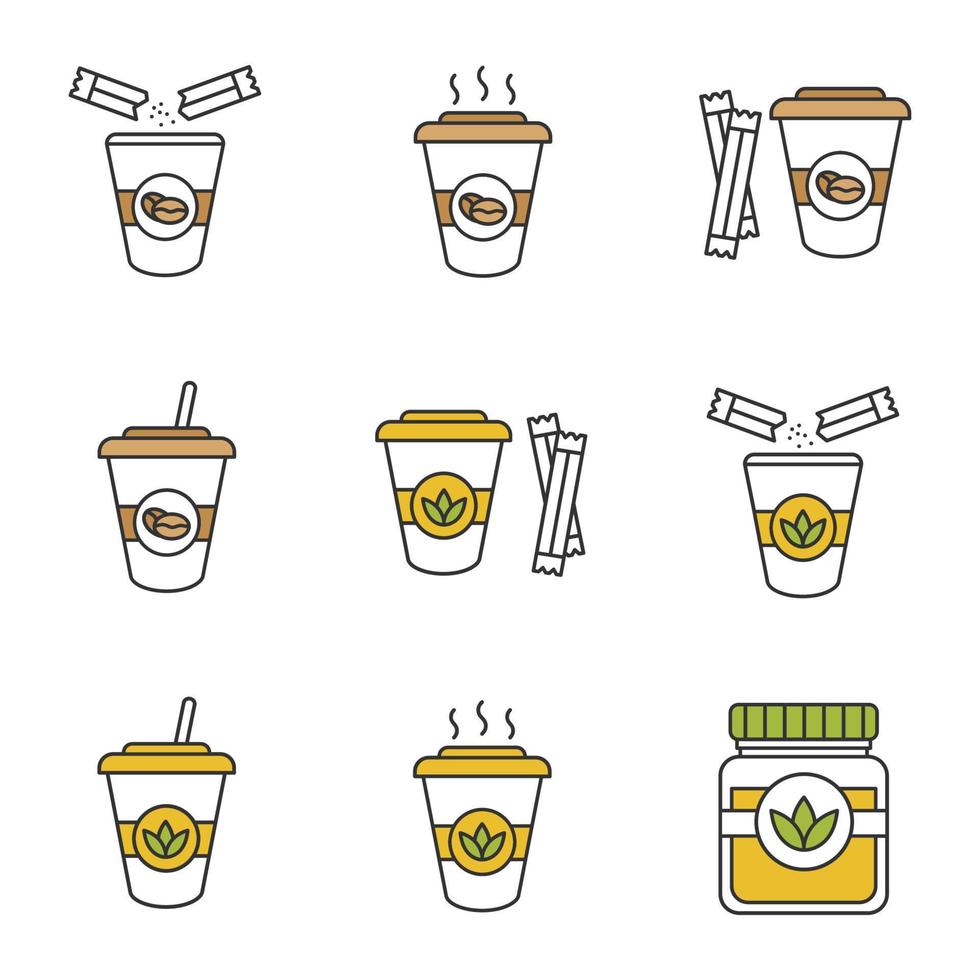 Conjunto de bebidas de café e chá com ícones de cores de açúcar. ervas e coquetéis de desintoxicação. ilustrações vetoriais isoladas vetor