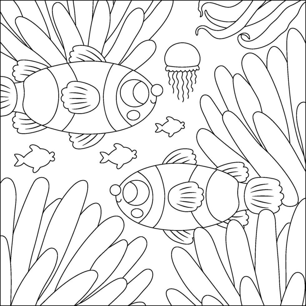 Preto e branco debaixo a mar panorama ilustração com palhaço peixe e actinia. oceano vida linha cena com areia, algas, corais, recifes. fofa quadrado água natureza fundo, coloração página vetor