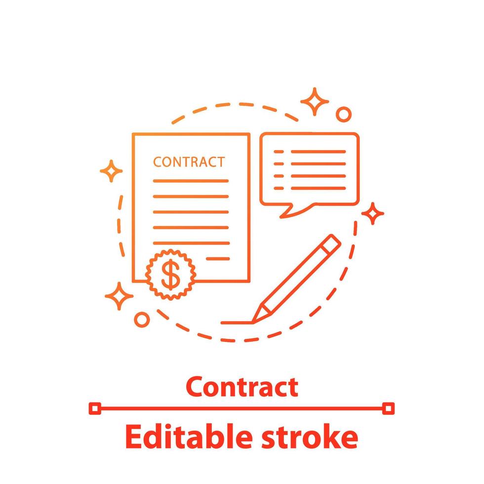 ícone do conceito de contrato. acordo de negócios. ilustração de linha fina de ideia de documento. negócio. desenho de contorno isolado do vetor. curso editável vetor