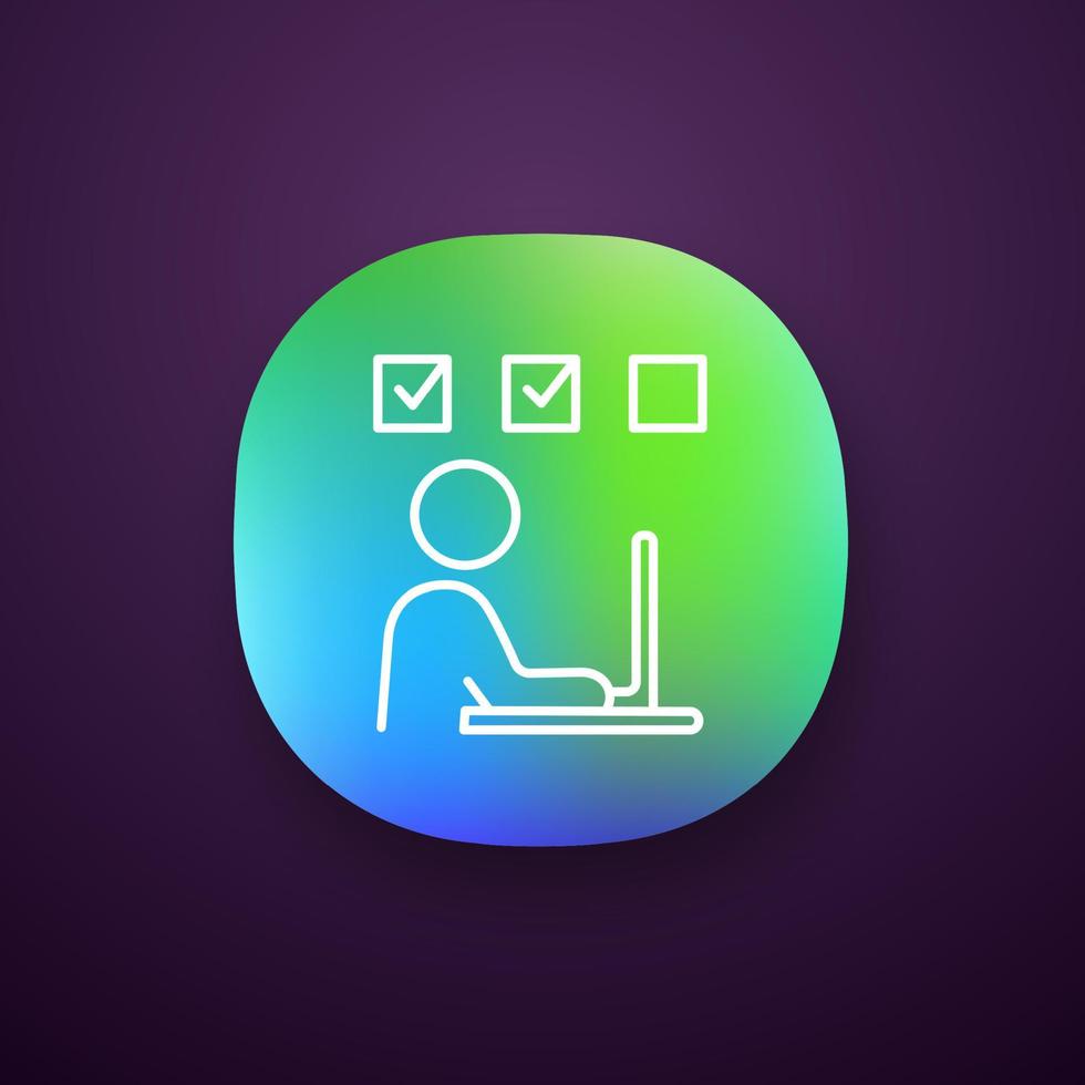 ícone do aplicativo de treinamento interativo. resolução de tarefas. teste online. trabalho freelance. pessoa que trabalha com o laptop. interface de usuário ui ux. aplicativo da web ou móvel. ilustração isolada do vetor