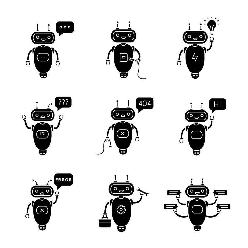 conjunto de ícones de glifo de chatbots. talkbots. digitando, usb, ideia, pergunta, não encontrado, oi, erro, reparo, bots de bate-papo. robôs modernos. símbolos de silhueta. ilustração isolada do vetor