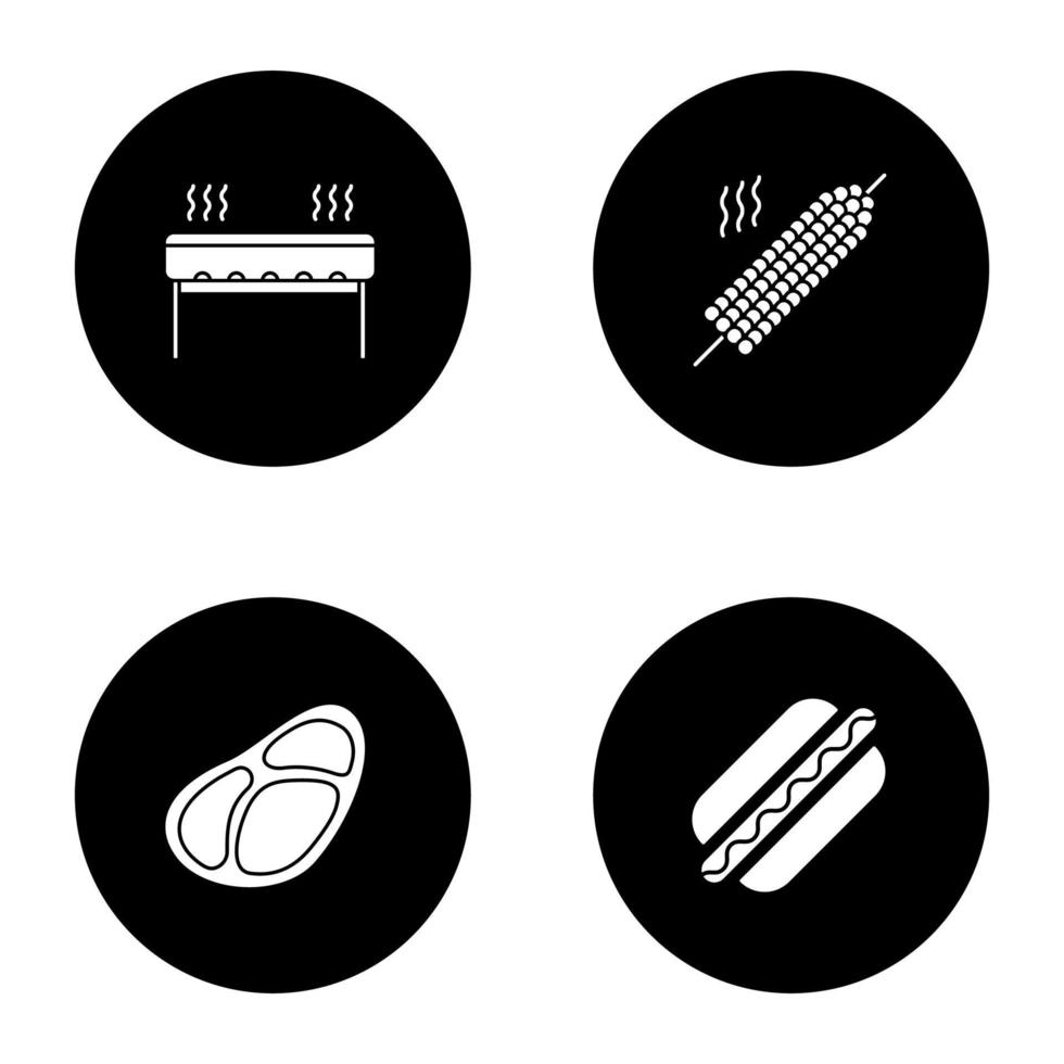 conjunto de ícones de glifo de churrasco. grelha, espeto de milho, bife, cachorro-quente. Ilustrações de silhuetas brancas em círculos pretos vetor