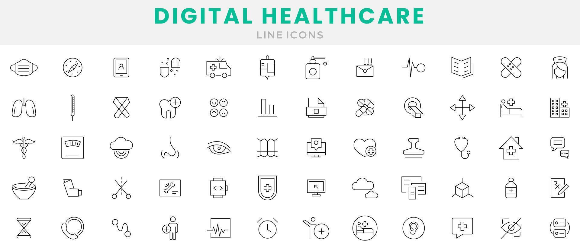 digital cuidados de saúde médico ícone definir. assistência médica, médico, medicamento, Verifica acima, doutor, odontologia, farmacia, laboratório, científico descoberta ícones coleção. esboço ícone coleção. fino esboço ícones pacote vetor