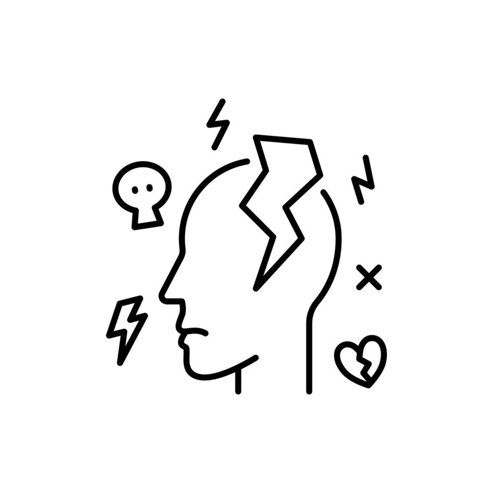 ansiedade transtorno. uma cabeça ilustração com grande trovão e negativo símbolo para representar ansiedade mental saúde emitir. vetor